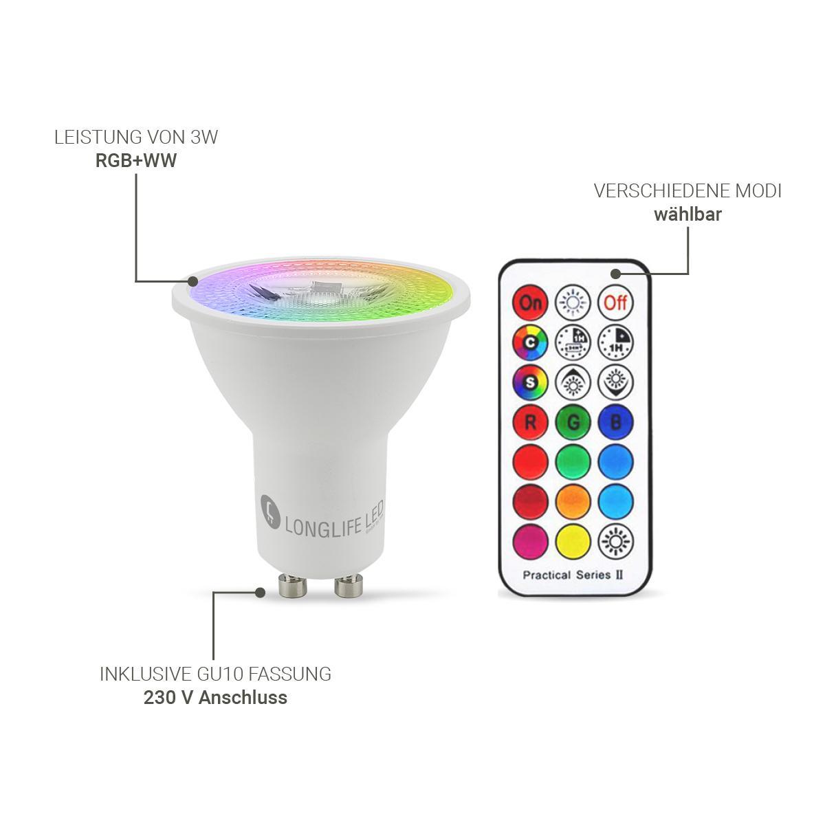 Einbauspot IP44 eckig - Abdeckring:  weiß - LED Leuchtmittel:  GU10 3W RGBW