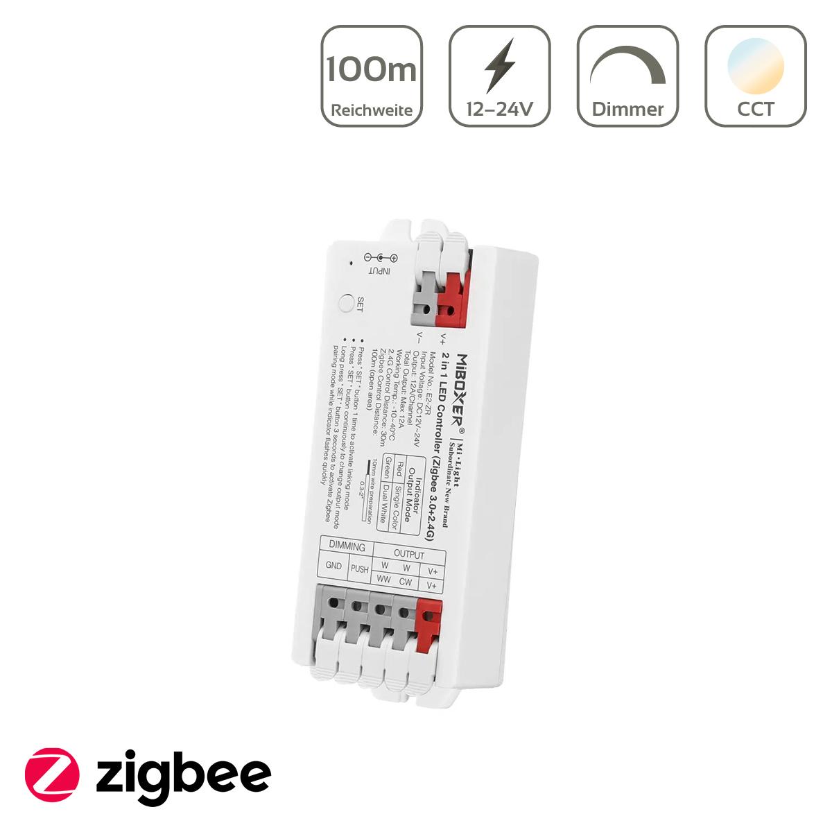 MiBoxer Zigbee 3.0 + 2.4GHz CCT LED Controller 2 in 1 Einfarbig / Dual White 12/24V Tuya Alexa Google Steuerung E2-ZR