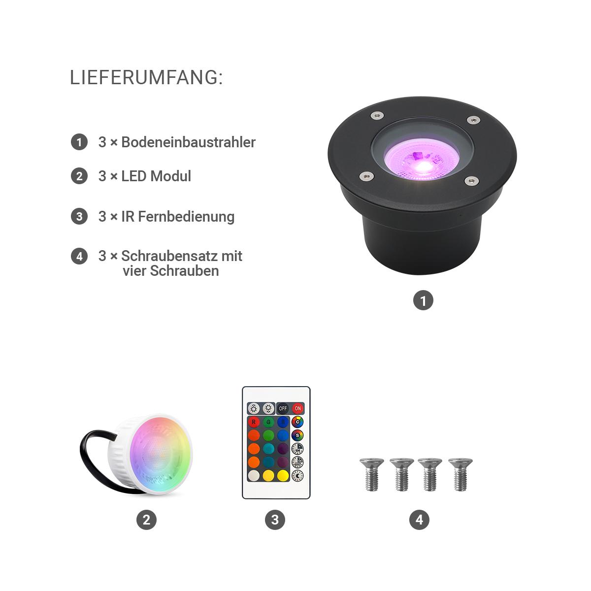 LED Bodeneinbaustrahler Schwarz FLACH rund 230V IP67 - Leuchtmittel: 5W RGB+CCT DIMMBAR 60° - Anzahl: 3x