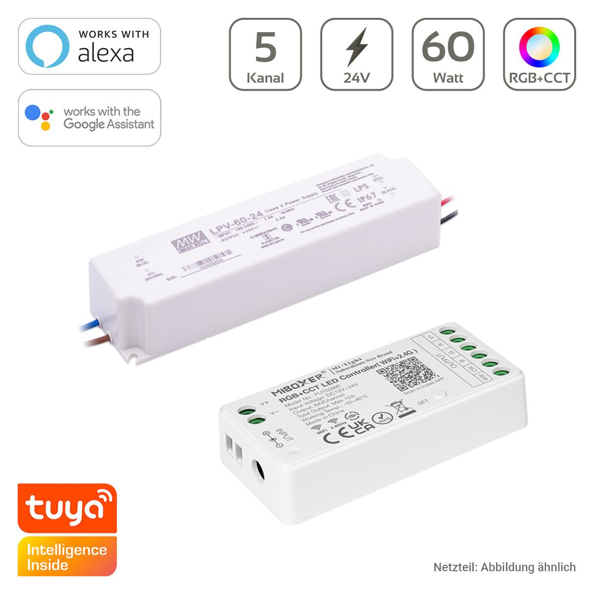 RGB+CCT Dimmer-Set 60W | MiBoxer RGB+CCT WIFI LED Controller 5 Kanal  + Mean Well LPV-60-24 Netzteil 60W 24V 2.5A IP67
