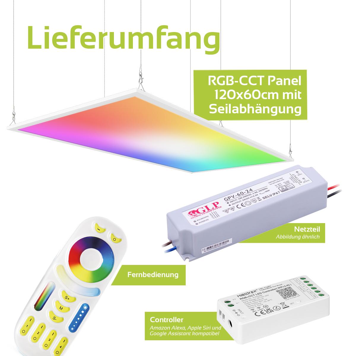 RGB+CCT LED Panel 120x60cm inkl. MiBoxer Smarthomesteuerung 60W 24V Rahmen weiß - Panelmontage:  Seilabhängung 1 Meter