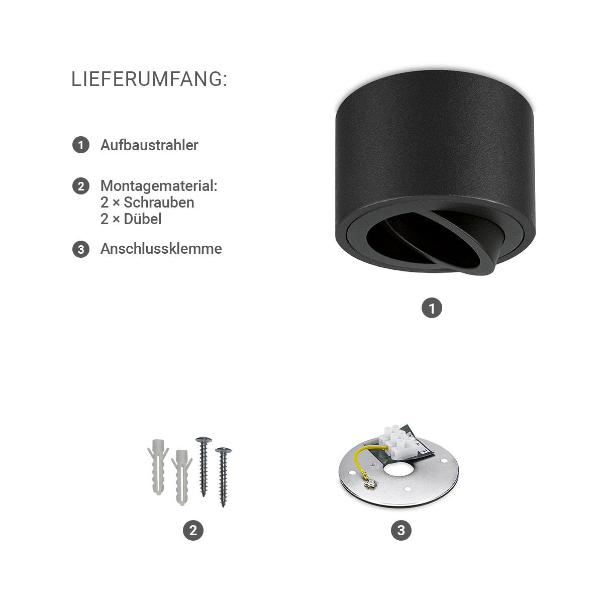 Flacher Aufbaustrahler schwarz rund für LED-Modul schwenkbar Deckenleuchte