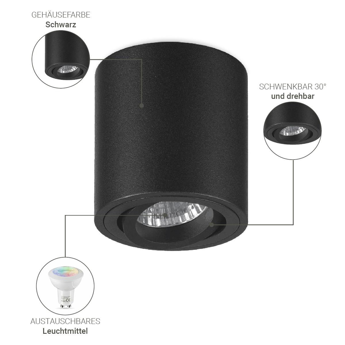 Runder Aufbaustrahler schwarz schwenkbar Deckenbeleuchtung - LED Leuchtmittel:  GU10 3W RGBW 230V dimmbar 60°
