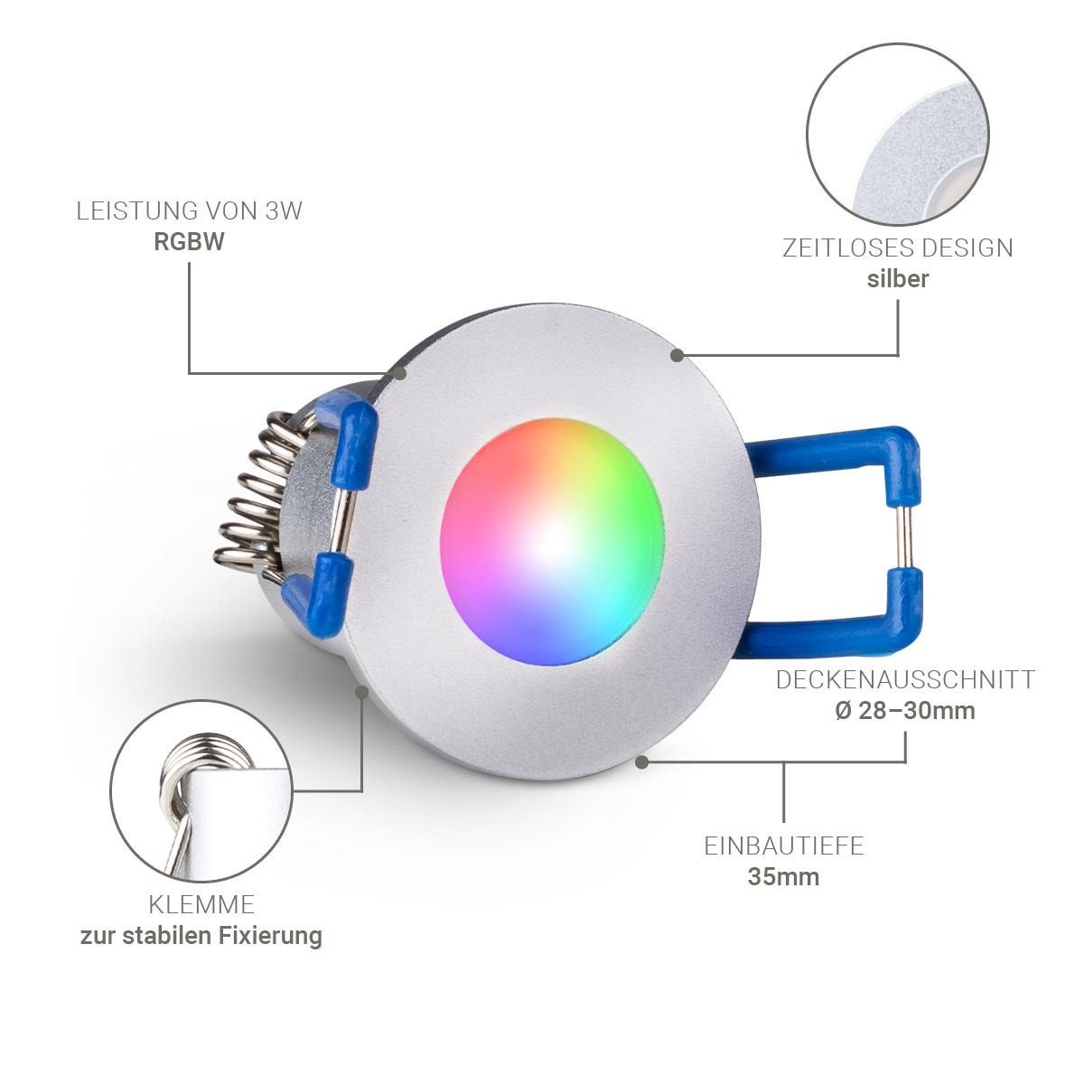 Einbaustrahler Mini 3W IP65 - Lichtfarbe: RGB+3000K - Gehäusefarbe: silber