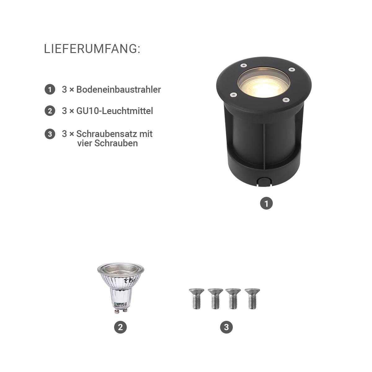 LED Bodeneinbaustrahler Schwarz rund 230V IP67 - Leuchtmittel: GU10 5W 2700K DIMMBAR - Anzahl: 3x