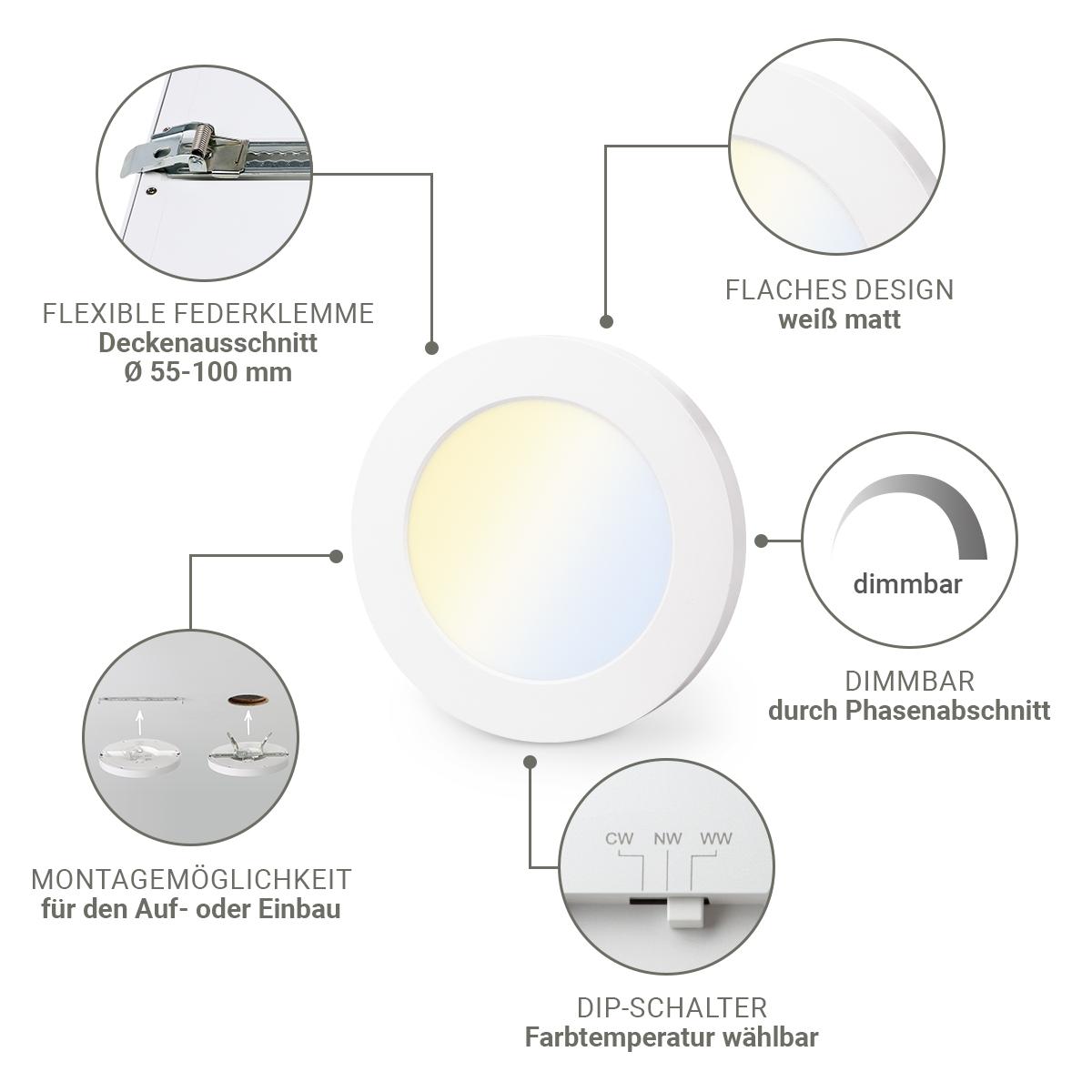 CCT LED Ein-Aufbaustrahler rund weiss 3000/4000/6000K - Ausführung: 6W Ø140mm