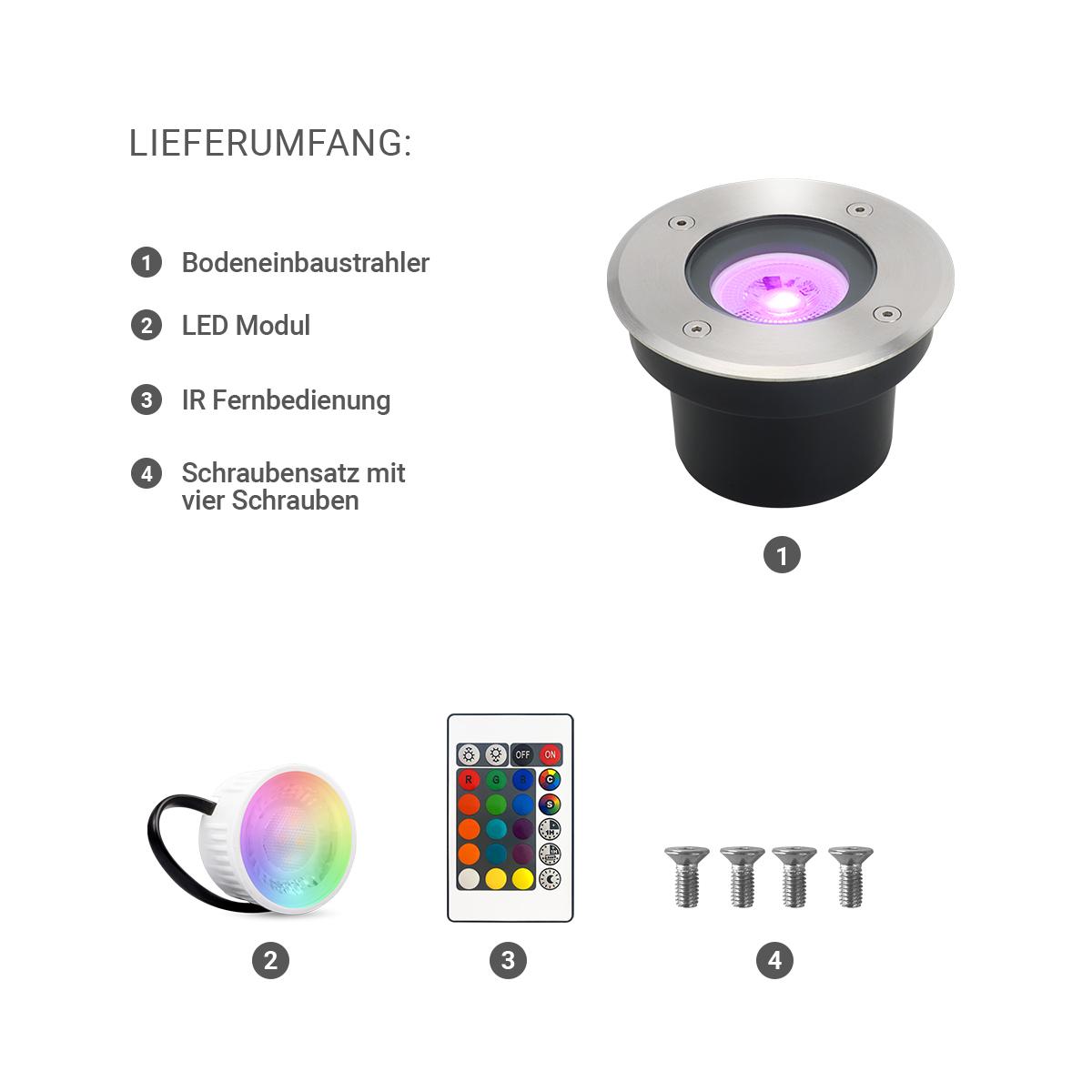 LED Bodeneinbaustrahler FLACH rund Edelstahl 230V IP67 - Leuchtmittel: 5W RGB+CCT DIMMBAR 60° - Anzahl: 1x