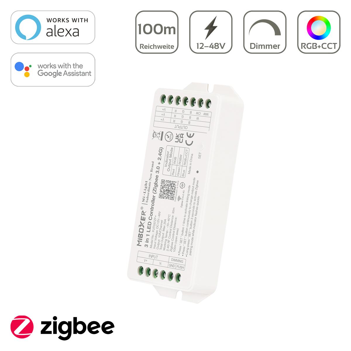 MiBoxer Zigbee 3.0 + 2.4GHz RGB/RGBW/RGB+CCT LED Controller 3 in 1 / 5 Kanal 12/48V Tuya Alexa Google Steuerung FUT037ZP+