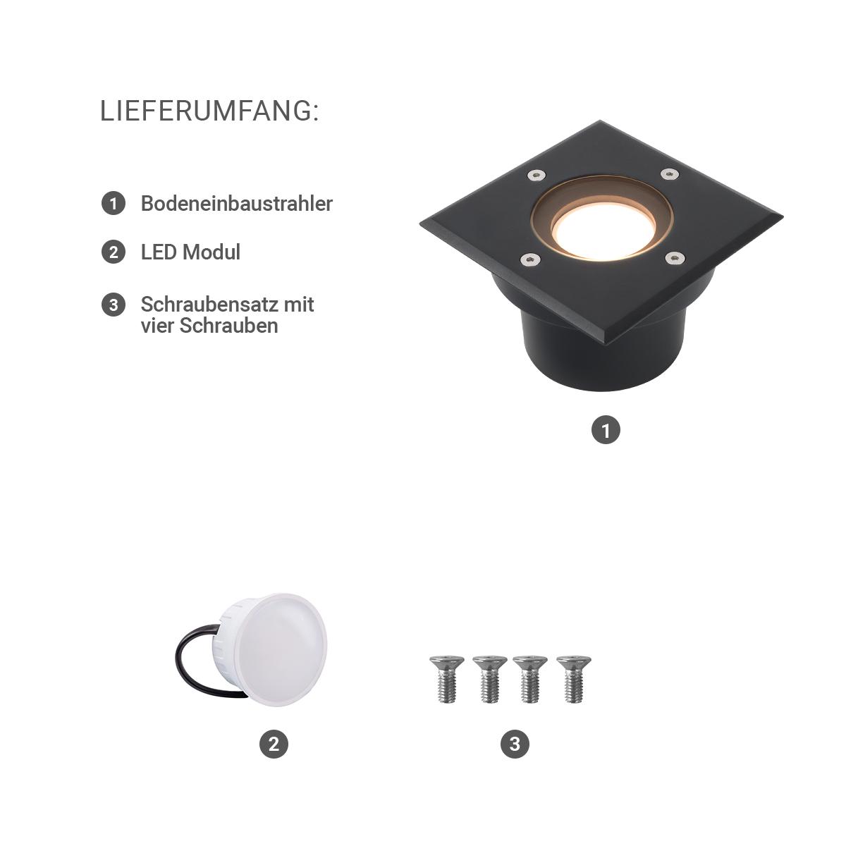 LED Bodeneinbaustrahler Schwarz FLACH eckig 230V IP67 - Leuchtmittel: 5W 2700K DIMMBAR 120° - Anzahl: 1x