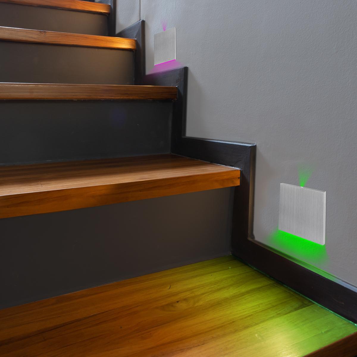 LED Treppenbeleuchtung 230V Wandeinbauleuchte eckig Alu-gebürstet - Unterteil Lichtfarbe: RGB Warmweiß 3W - Lichtaustritt: Luga