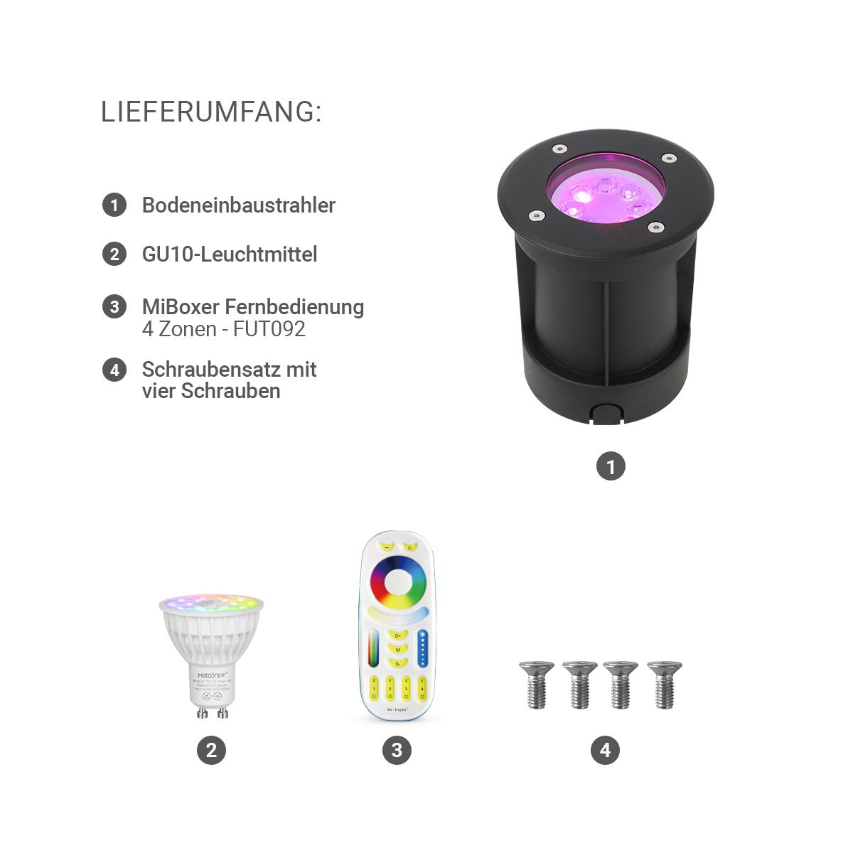 LED Bodeneinbaustrahler Schwarz rund 230V IP67 - Leuchtmittel: GU10 RGB+CCT DIMMBAR inkl. Fernbedienung - Anzahl: 1x
