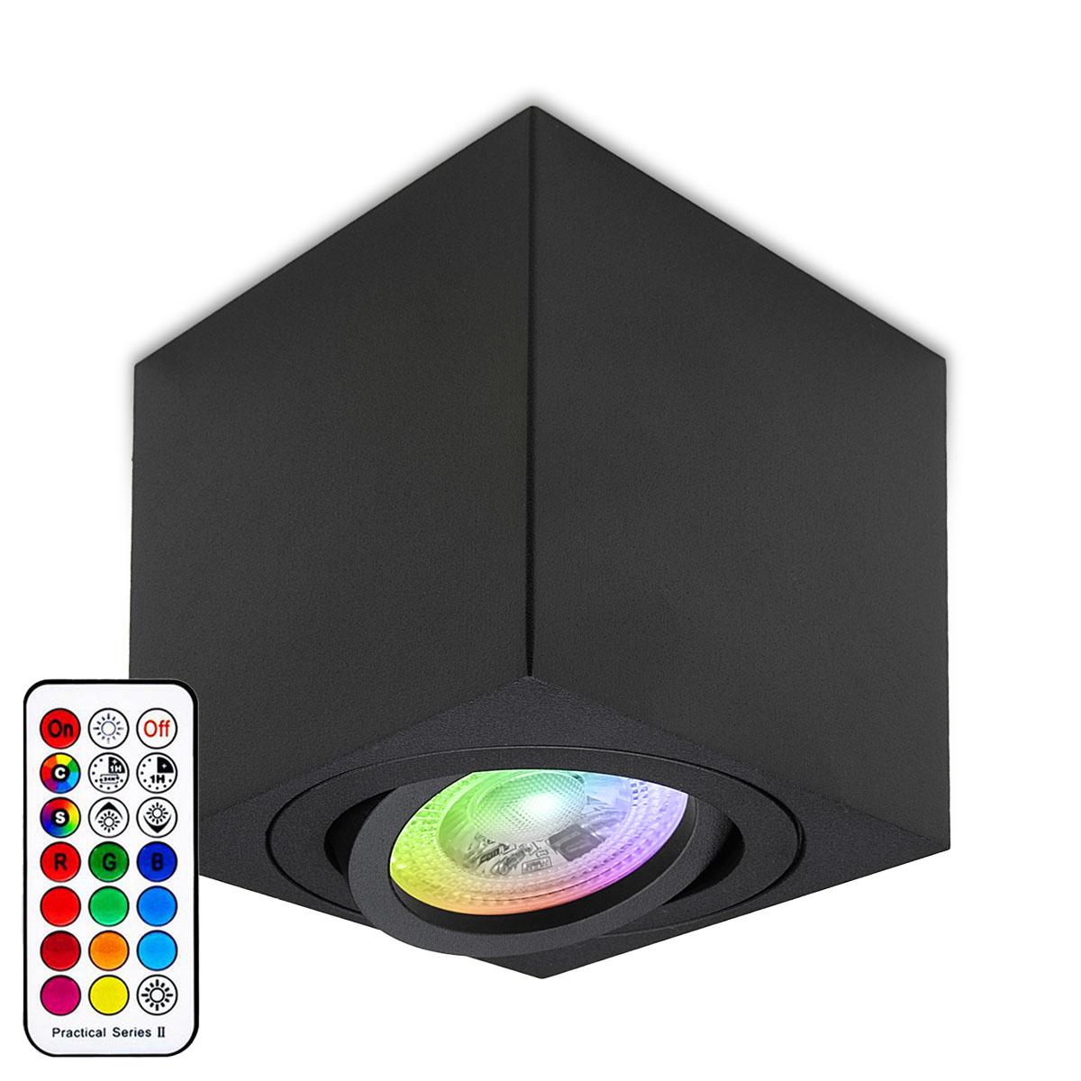 Eckiger Aufbaustrahler schwarz schwenkbar Deckenbeleuchtung - LED Leuchtmittel:  GU10 3W RGBW 230V dimmbar 60°