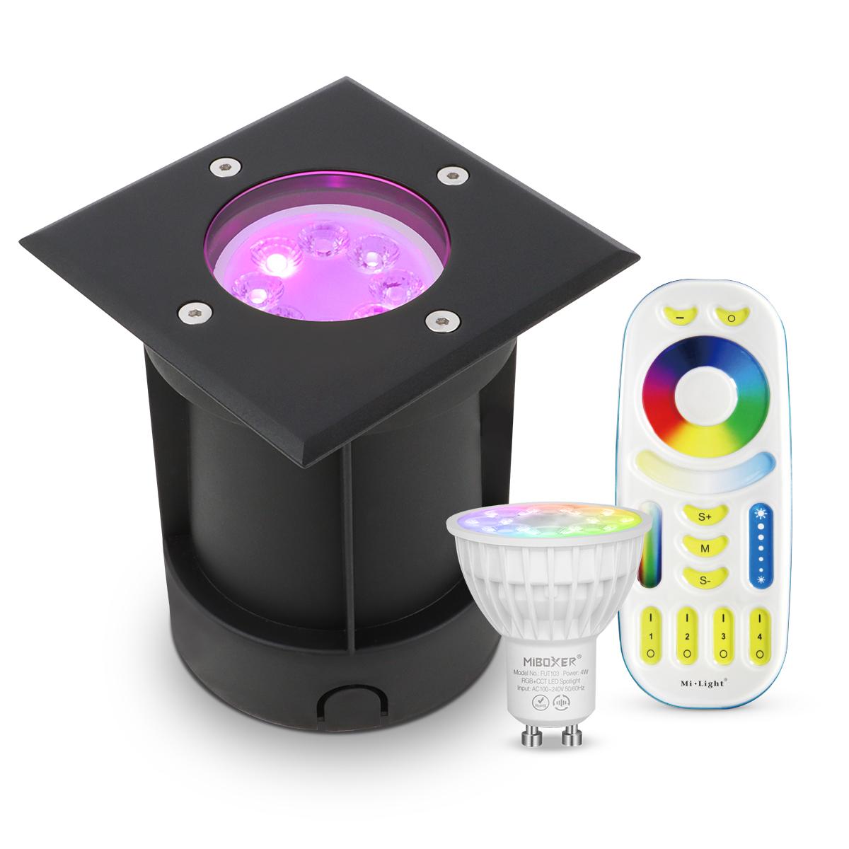 LED Bodeneinbaustrahler Schwarz eckig 230V IP67 - Leuchtmittel: GU10 RGB+CCT DIMMBAR inkl. Fernbedienung - Anzahl: 1x