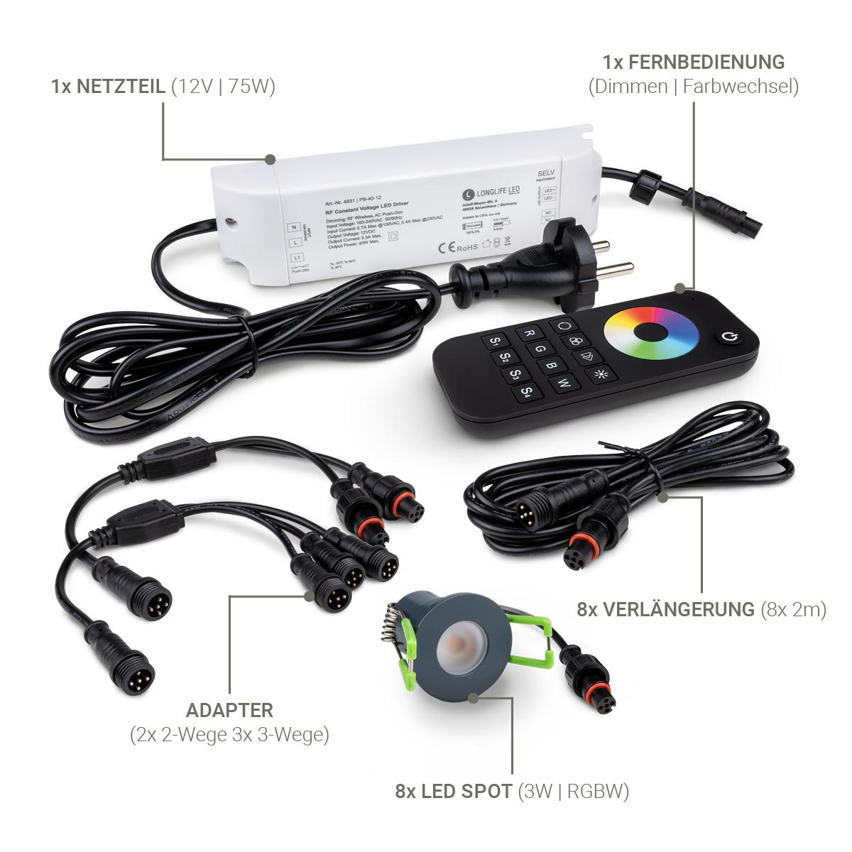Einbaustrahler Mini 3W RGBW IP65 - Gehäusefarbe: anthrazit RAL 7016 - Anzahl: 8x