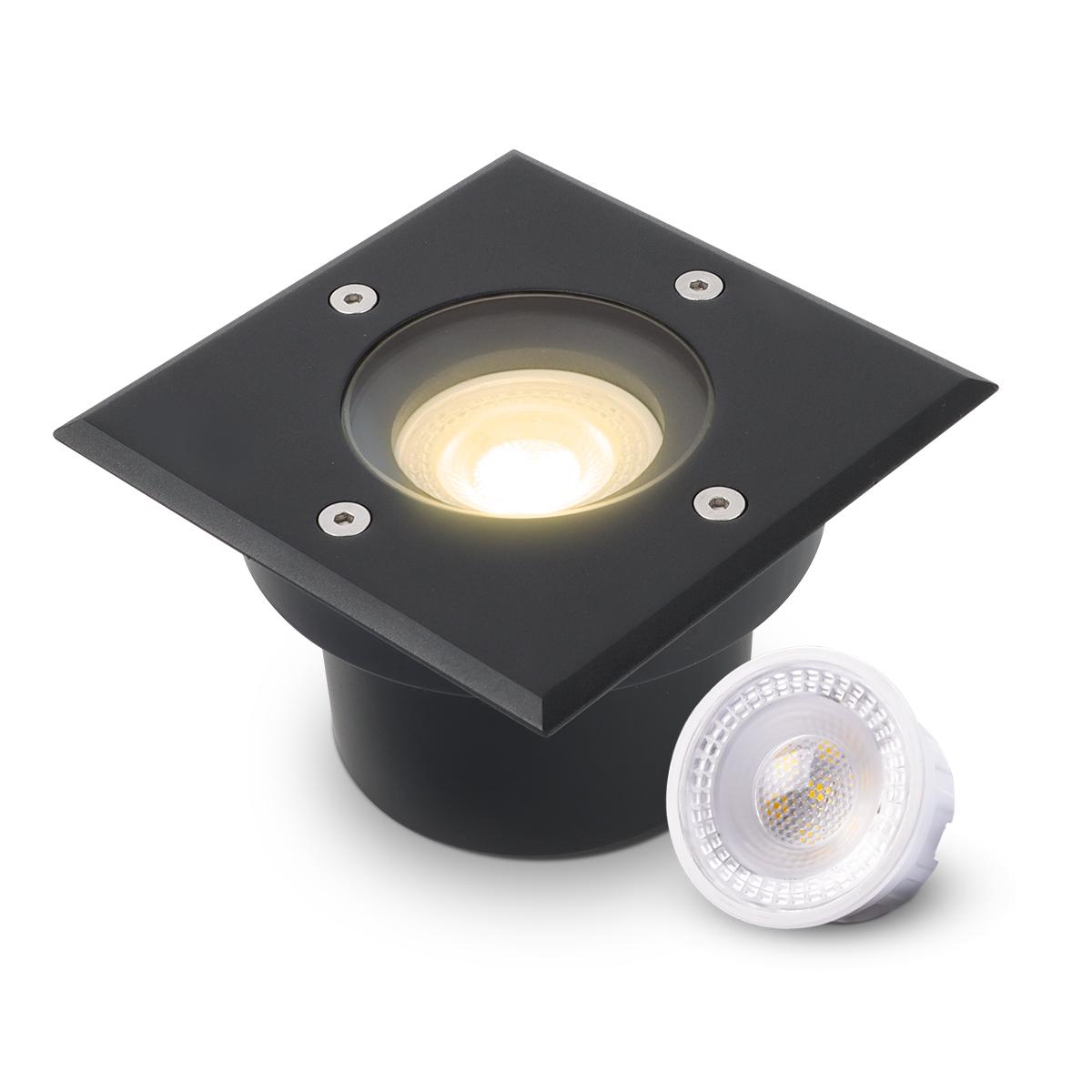 LED Bodeneinbaustrahler Schwarz FLACH eckig 230V IP67 - Leuchtmittel: 5W 2700K DIMMBAR 60° - Anzahl: 1x