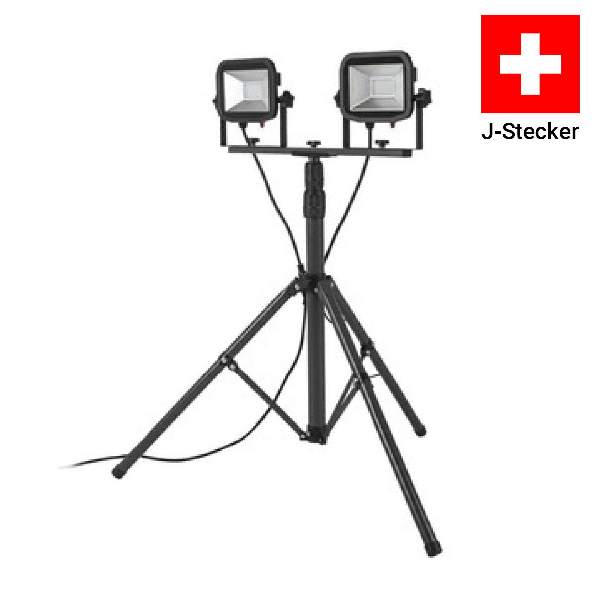 Luceco LED Strahler Stativ IP65 2x22W 2x1800lm Schweizer J-Stecker 5000K kaltweiß schwarz/grau