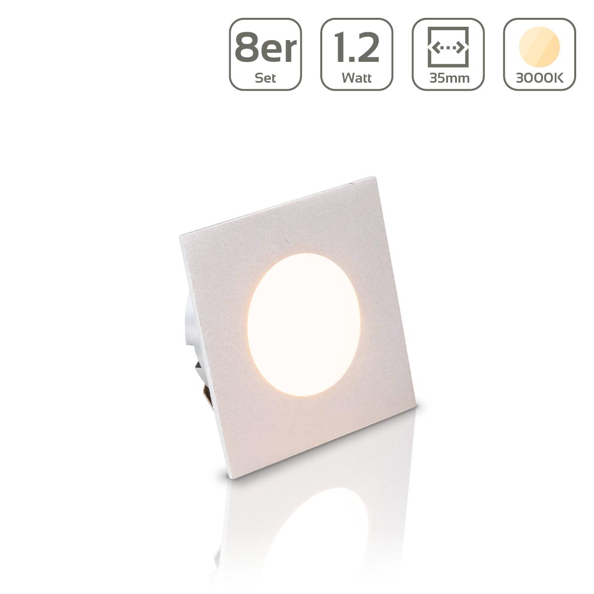 LED Mini Einbauspot eckig 1.2W 12V IP20 Ausschnitt Ø32mm - Lichtfarbe: Warmweiß 3000K - Anzahl: 8x