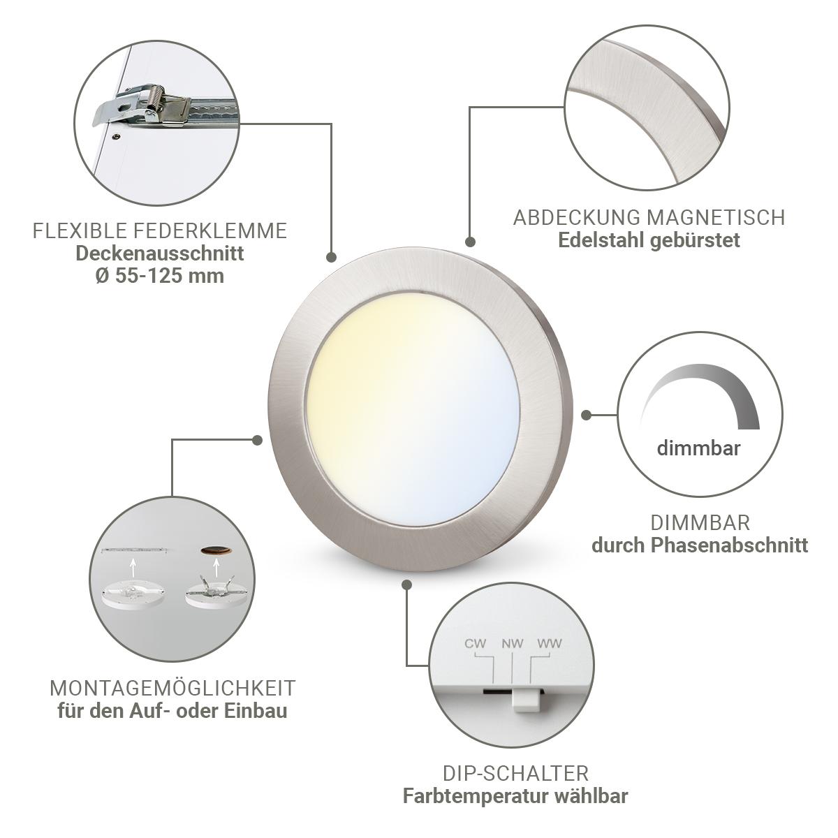 CCT LED Ein-Aufbaustrahler rund silber 12W Ø165mm 3000/4000/6000K silberfarbiger Abdeckring