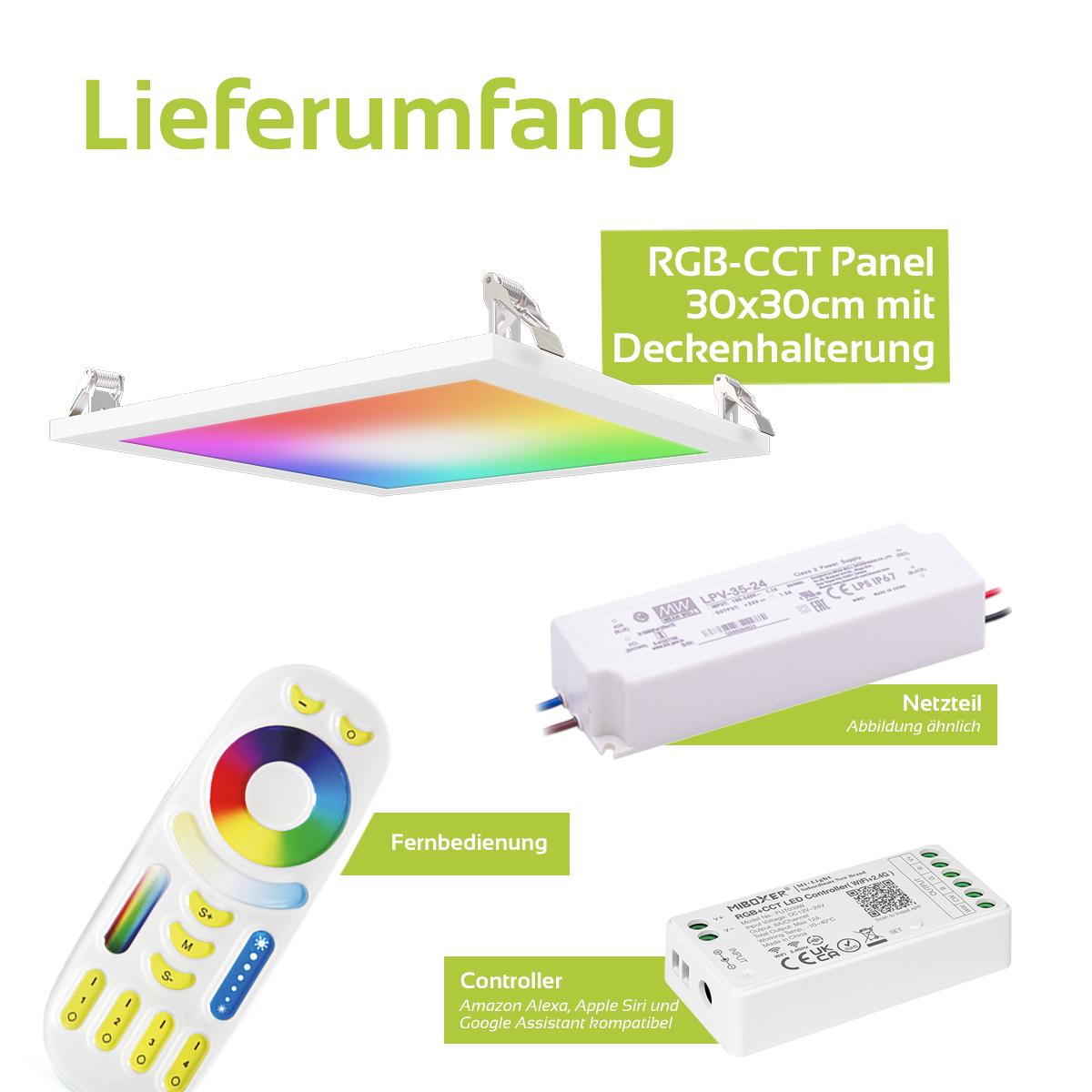 RGB+CCT LED Panel 30x30cm inkl. MiBoxer Smarthomesteuerung 18W 24V Rahmen weiß - Panelmontage:  Deckenhalterung Clips