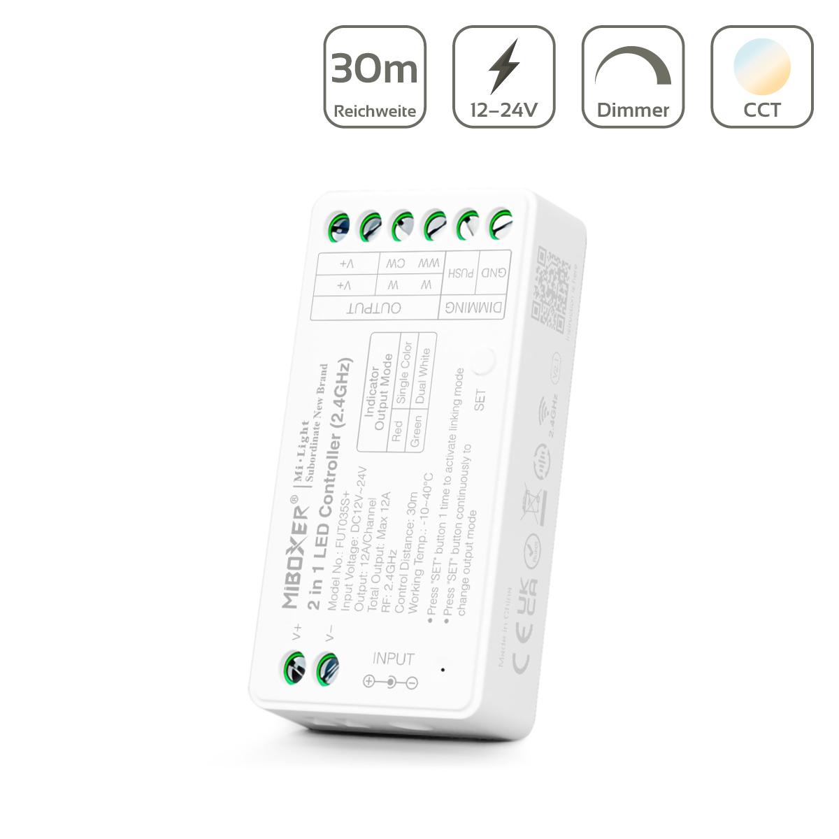 MiBoxer CCT LED Controller 2 in 1 Einfarbig / Dual White 2 Kanal 12/24V  LED Strip Panel Steuerung FUT035S+