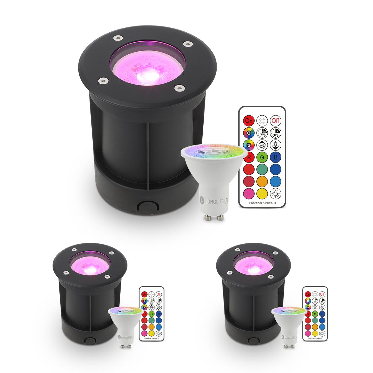 LED Bodeneinbaustrahler Schwarz rund 230V IP67 - Leuchtmittel: GU10 3W RGBW ink. IR Fernbedienung - Anzahl: 3x