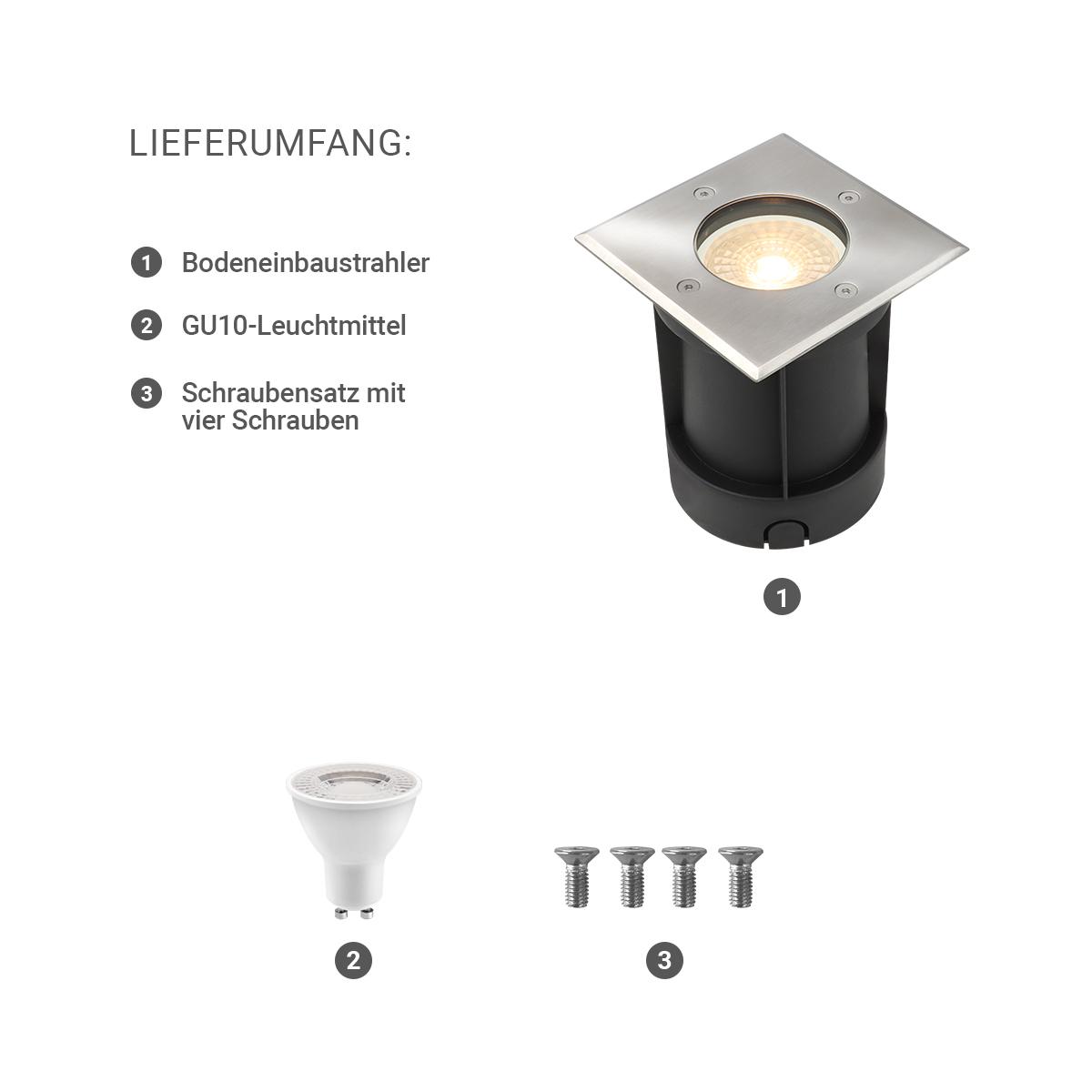 LED Bodeneinbaustrahler eckig Edelstahl 230V IP67 - Leuchtmittel: GU10 4W 2700K - Anzahl: 1x