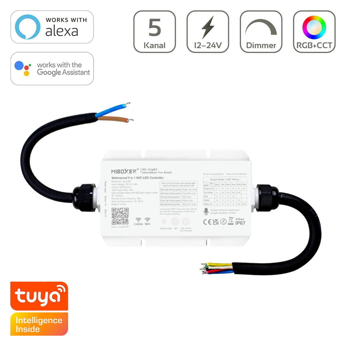 MiBoxer RGB+CCT Smart WiFi LED Controller IP67 5 Kanal 12/24V WiFi Tuya Alexa Google Steuerung WL5-WP