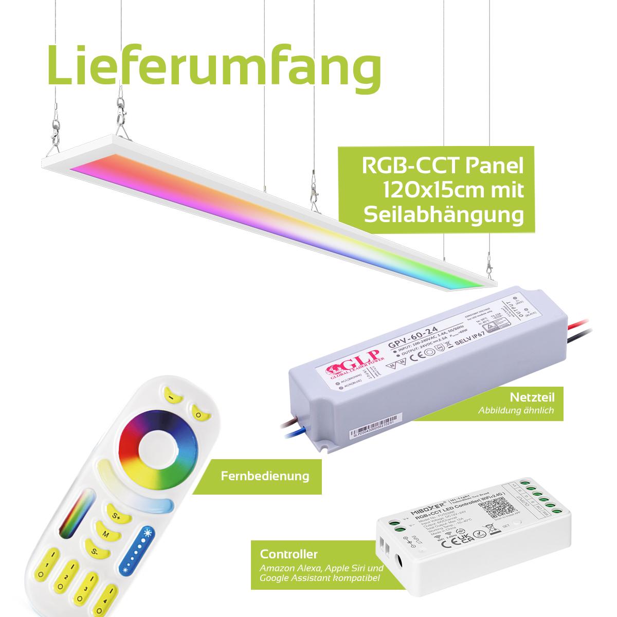 RGB+CCT LED Panel 120x15cm inkl. MiBoxer Smarthomesteuerung 24W 24V Rahmen weiß - Panelmontage:  Seilabhängung 1 Meter