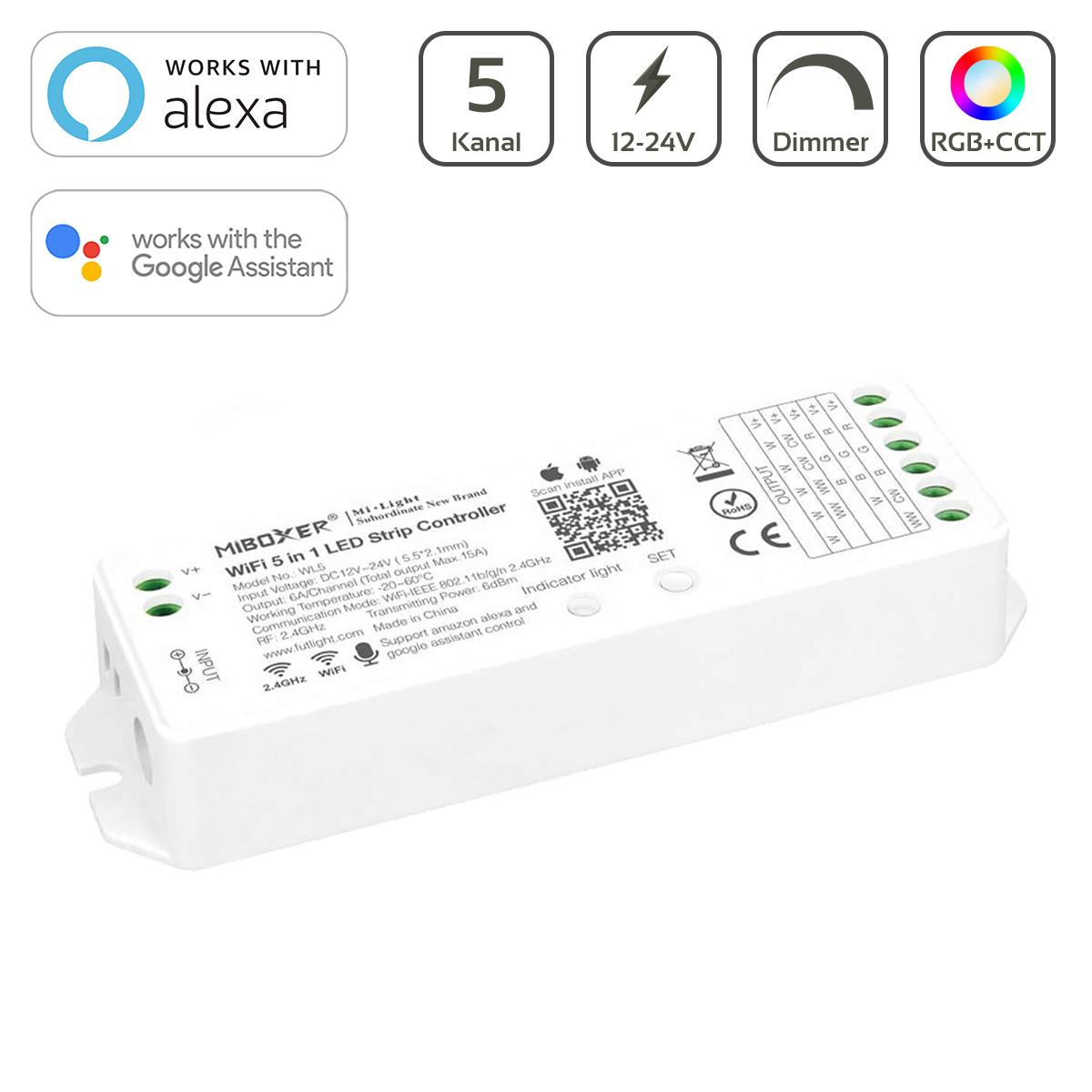 MiBoxer RGB+CCT Smart WiFi LED Controller 5 Kanal 12/24V WiFi Alexa Google Steuerung WL5