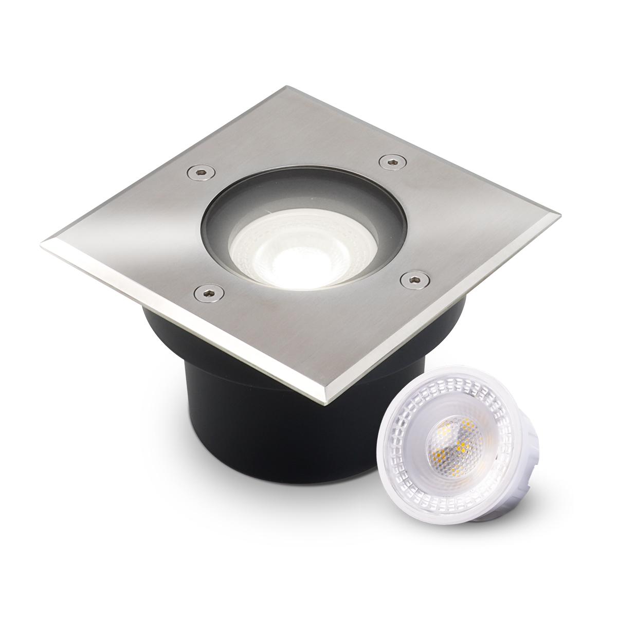 LED Bodeneinbaustrahler flach eckig Edelstahl 230V IP67 - Leuchtmittel: 5W 4000K DIMMBAR 60° - Anzahl: 1x