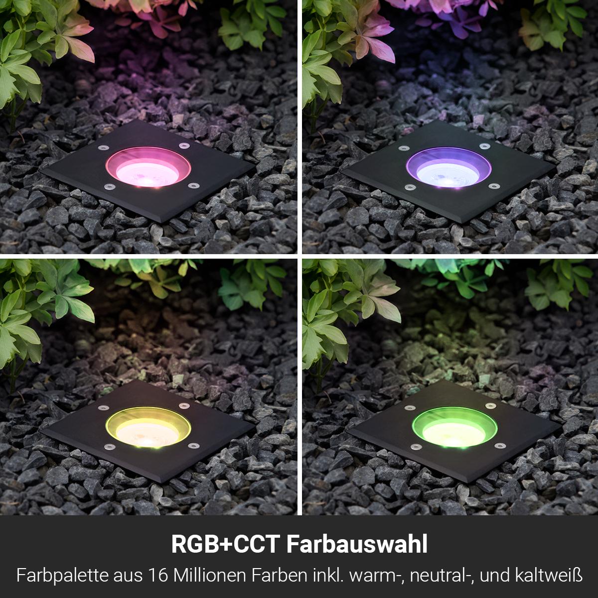 LED Bodeneinbaustrahler Schwarz FLACH eckig 230V IP67 - Leuchtmittel: 5W RGB+CCT DIMMBAR 60° - Anzahl: 1x