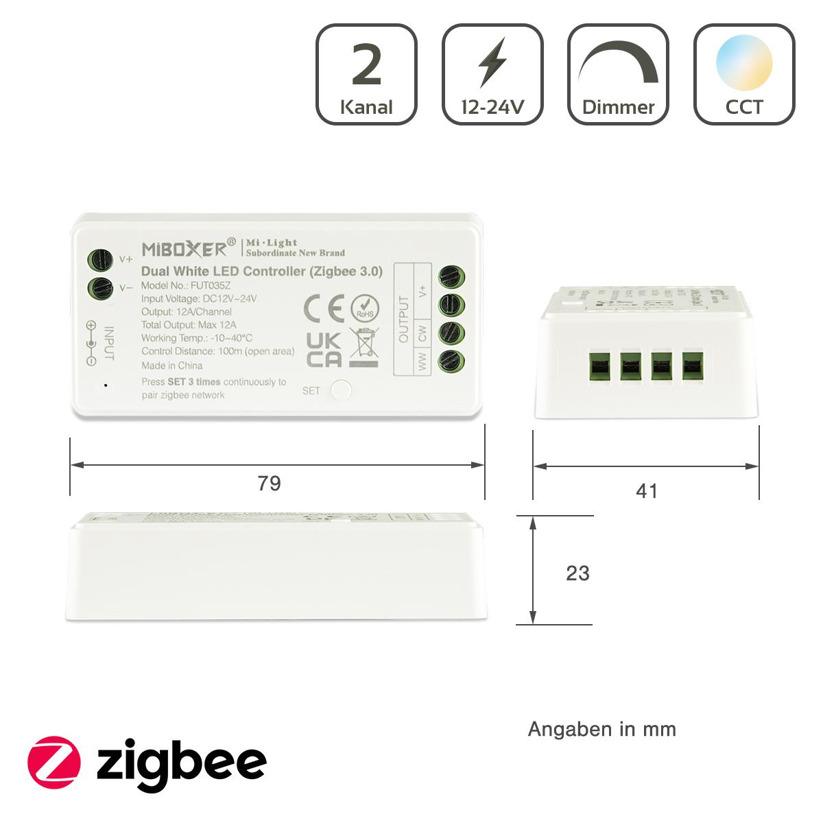 MiBoxer Zigbee 3.0 CCT LED Controller 2 Kanal 12/24V Multifunktion LED Strip Panel Steuerung FUT035Z