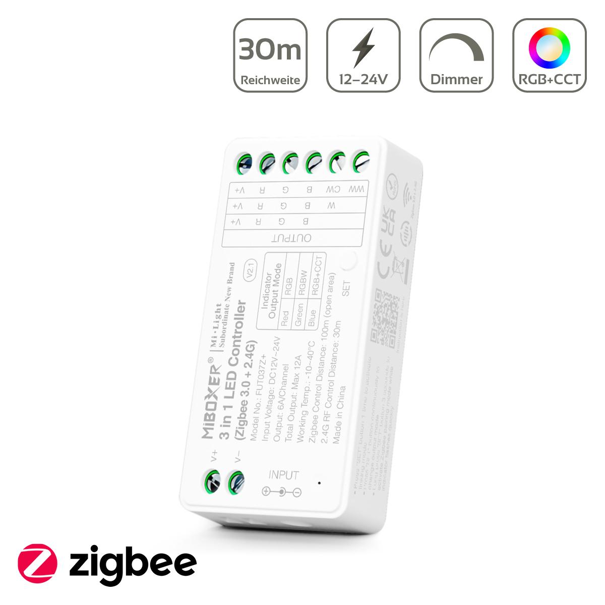 MiBoxer Zigbee 3.0 + 2.4GHz RGB/RGBW/RGB+CCT LED Controller 3 in 1 / 5 Kanal 12/24V Tuya Alexa Google Steuerung FUT037Z+