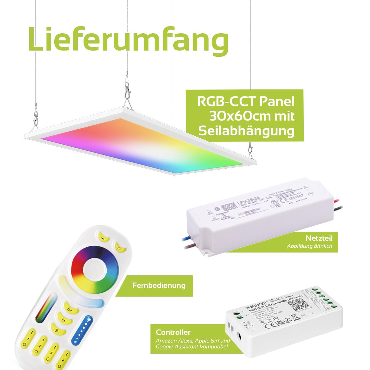 RGB+CCT LED Panel 60x30cm inkl. MiBoxer Smarthomesteuerung 24W 24V Rahmen weiß - Panelmontage:  Seilabhängung 1 Meter