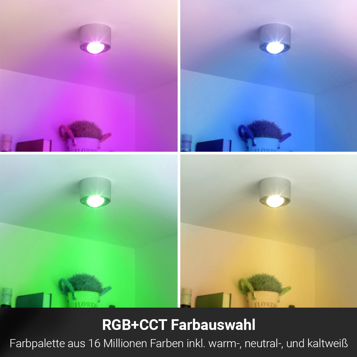 Flacher Aufbaustrahler rund schwenkbar Deckenleuchte - Farbe: Alu-gebürstet - LED Leuchtmittel: 5W RGB+CCT 230V dimmbar 60°