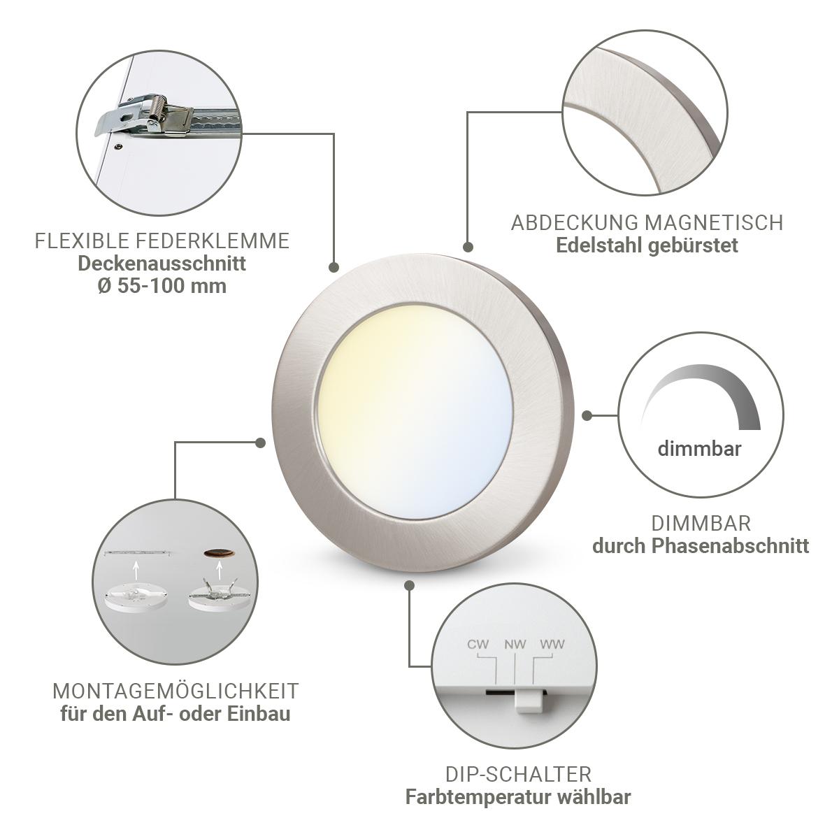 CCT LED Ein-Aufbaustrahler rund silber 3000/4000/6000K silberfarbiger Abdeckring - Ausführung: 6W Ø140mm