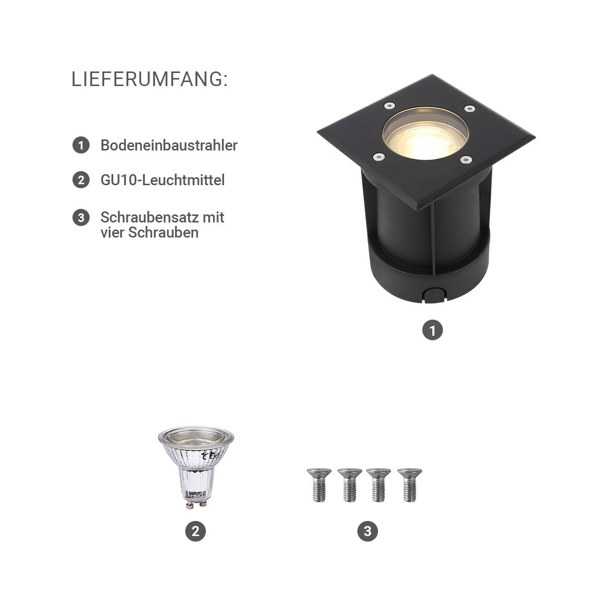 LED Bodeneinbaustrahler Schwarz eckig 230V IP67 - Leuchtmittel: GU10 5W 2700K DIMMBAR - Anzahl: 1x
