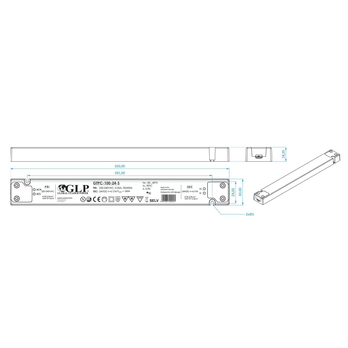 GLP GTPC-100-12-S LED Netzteil extrem flach für Möbeleinbau 100W 12V 8.34A IP20 Schaltnetzteil CV