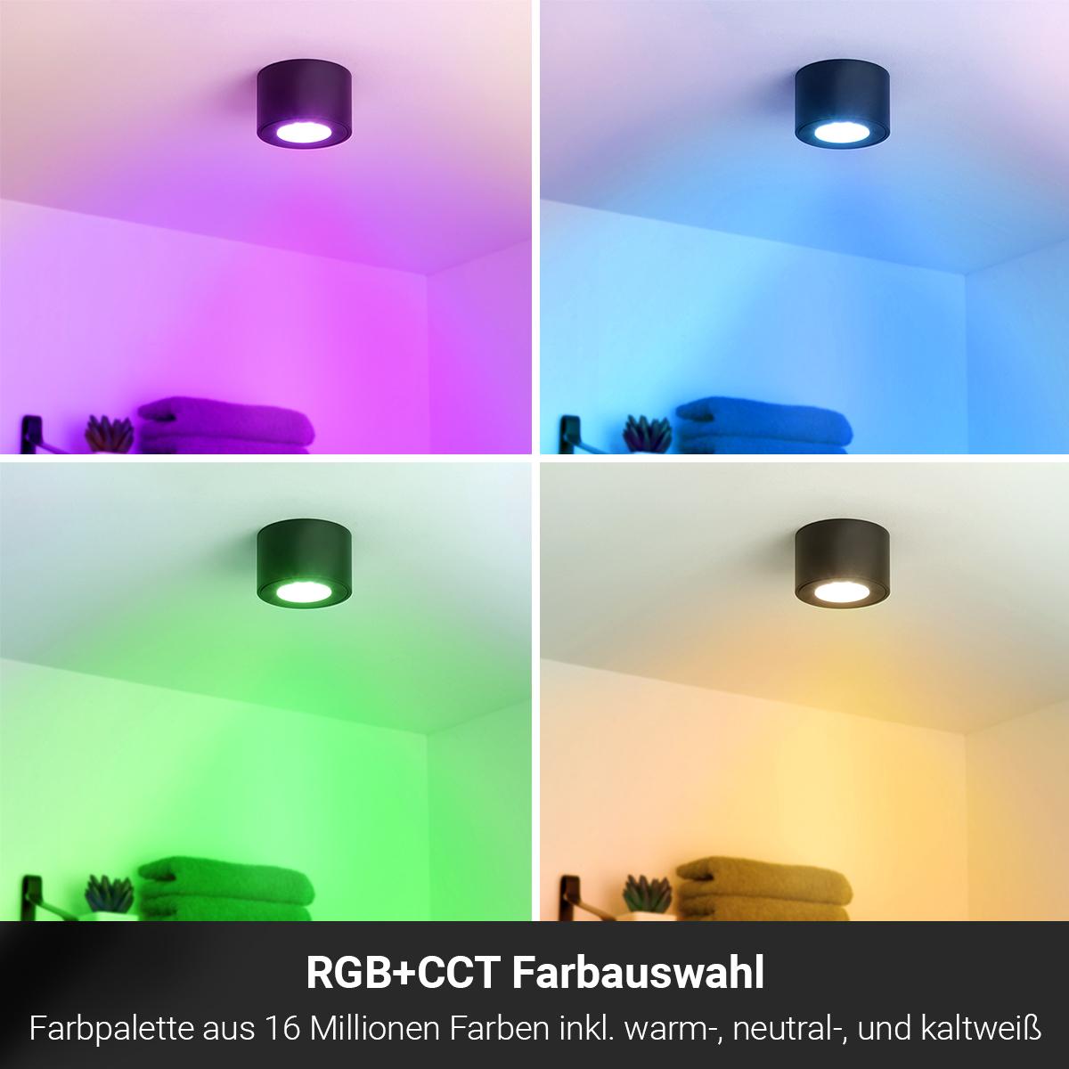 Flacher Aufbaustrahler rund IP44 Deckenleuchte - Farbe: schwarz - LED Leuchtmittel: 5W RGB+CCT 230V dimmbar 60°