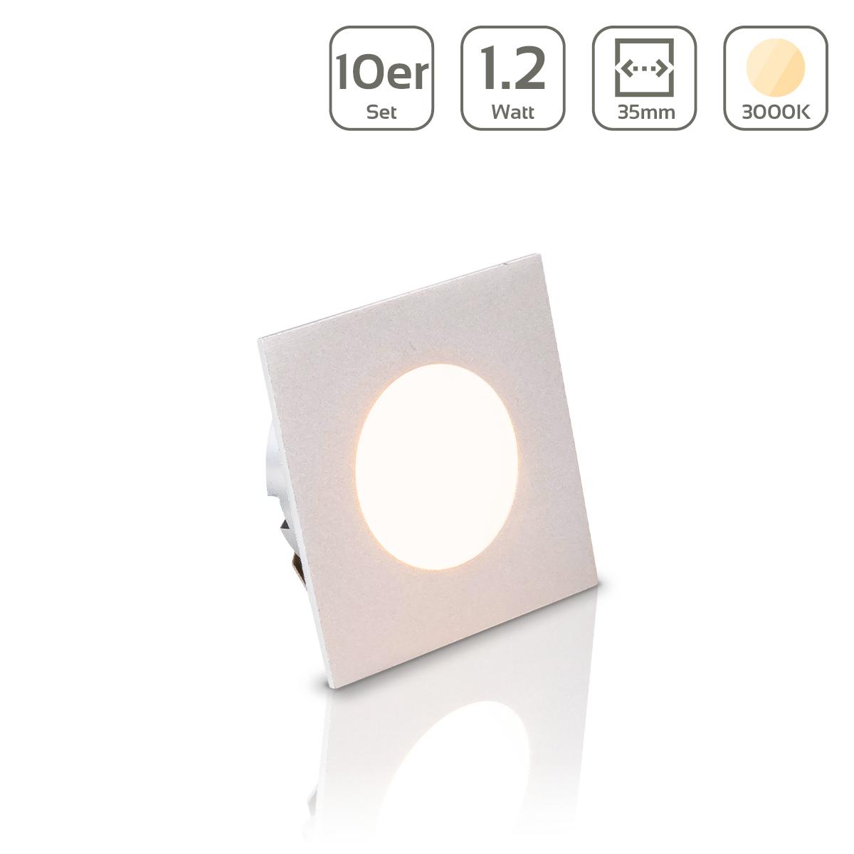 LED Mini Einbauspot eckig 1.2W 12V IP20 Ausschnitt Ø32mm - Lichtfarbe: Warmweiß 3000K - Anzahl: 10x
