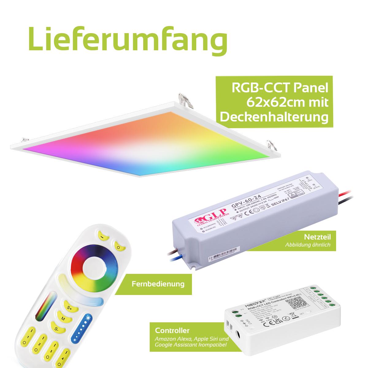 RGB+CCT LED Panel 62x62cm inkl. MiBoxer Smarthomesteuerung 48W 24V Rahmen weiß - Panelmontage: Deckenhalterung Clips