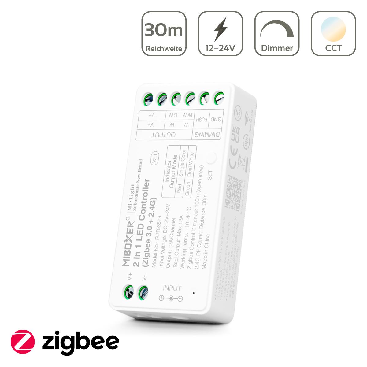 MiBoxer Zigbee 3.0 + 2.4GHz CCT LED Controller 2 in 1 Einfarbig / Dual White 12/24V Tuya Alexa Google Steuerung FUT035Z+