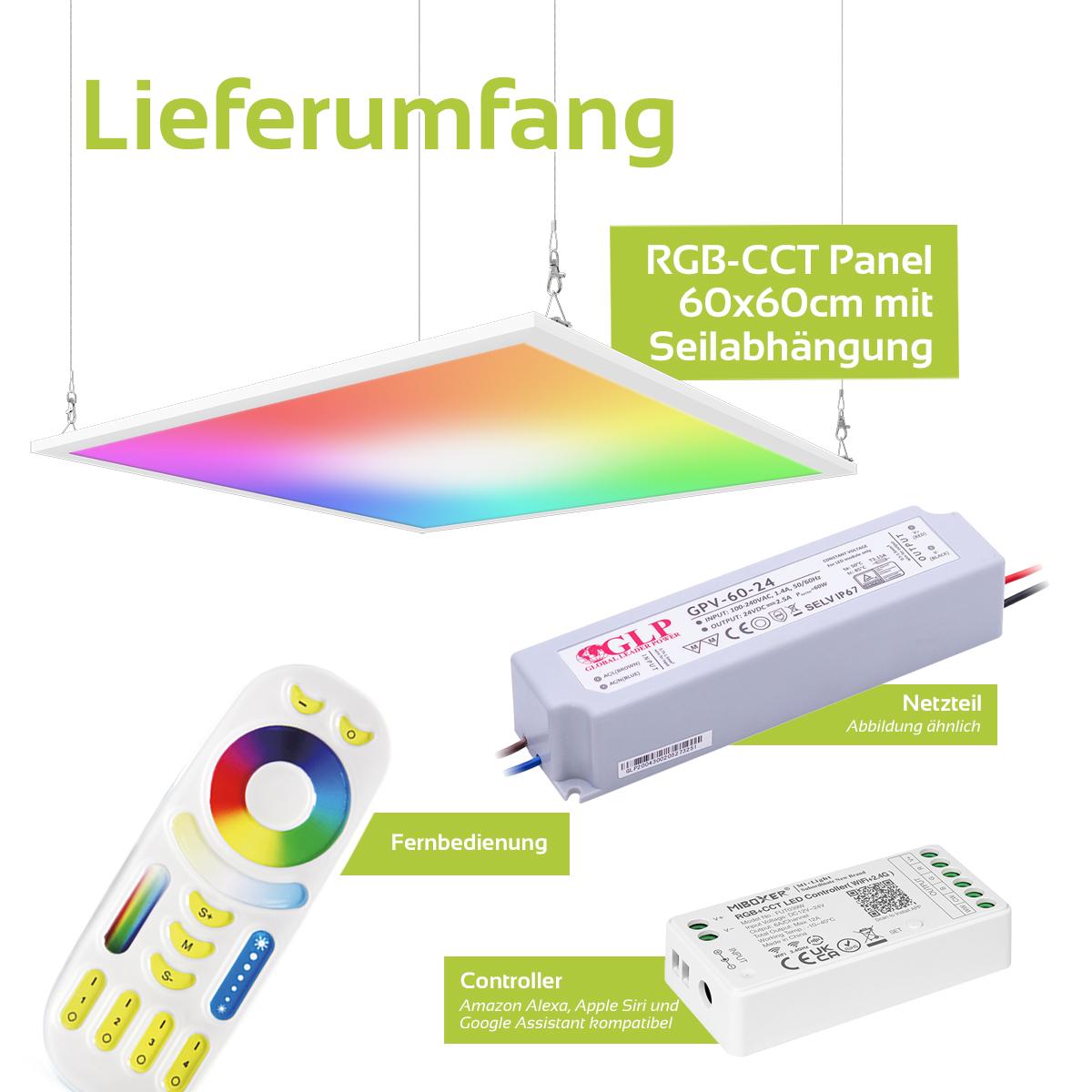 RGB+CCT LED Panel 60x60cm inkl. MiBoxer Smarthomesteuerung 48W 24V Rahmen weiß - Panelmontage:  Seilabhängung 1 Meter