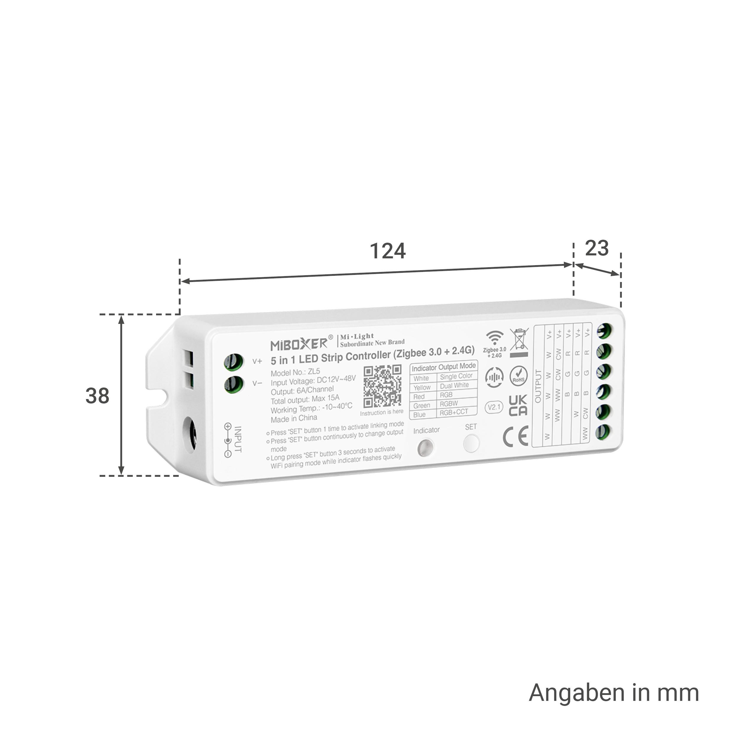 MiBoxer Zigbee 3.0 + 2.4GHz RGB+CCT LED Controller 5 Kanal 12/24V WiFi Alexa Google Steuerung ZL5