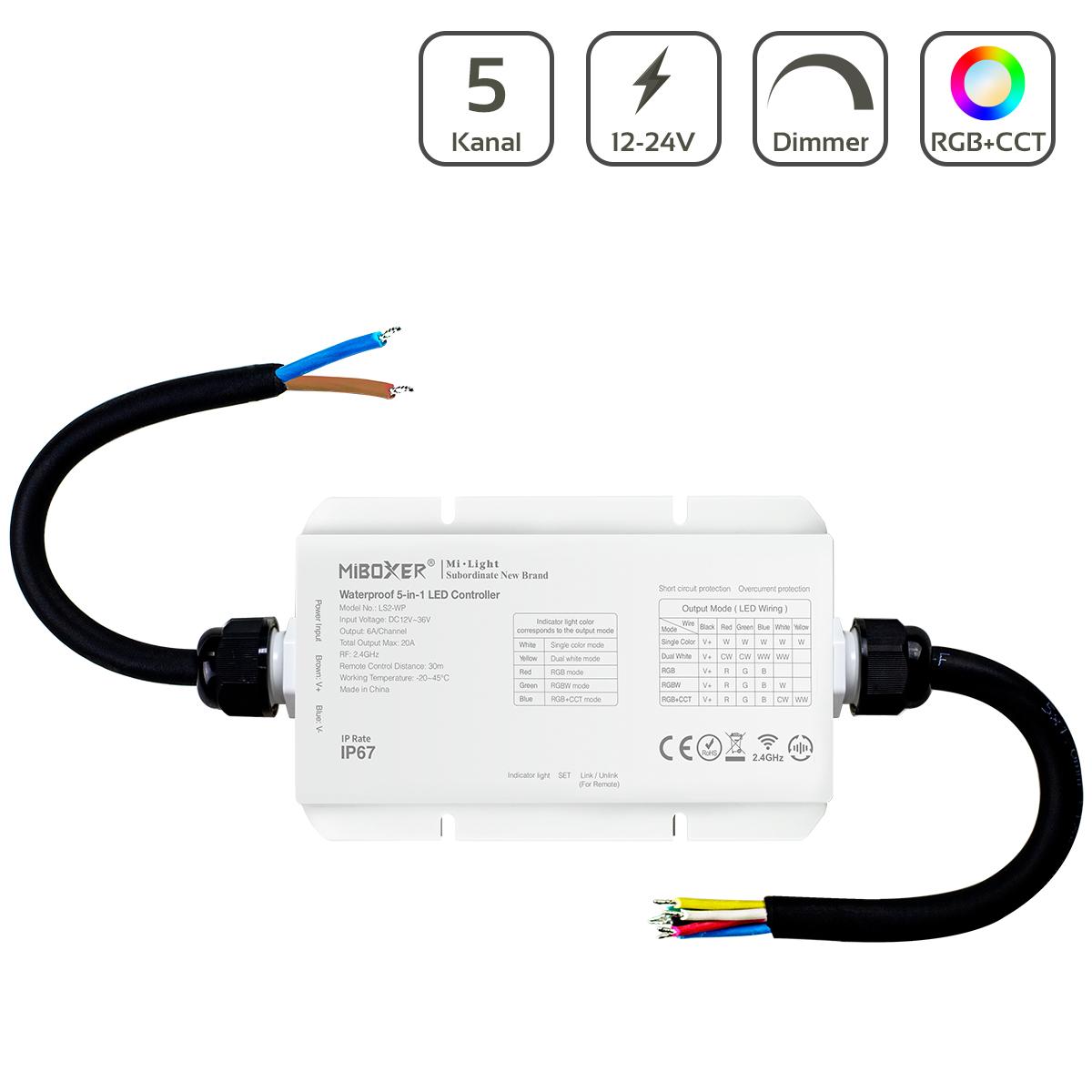 MiBoxer RGB+CCT LED Controller IP67 5 Kanal 12/24V Multifunktion LED Strip Panel Steuerung LS2-WP
