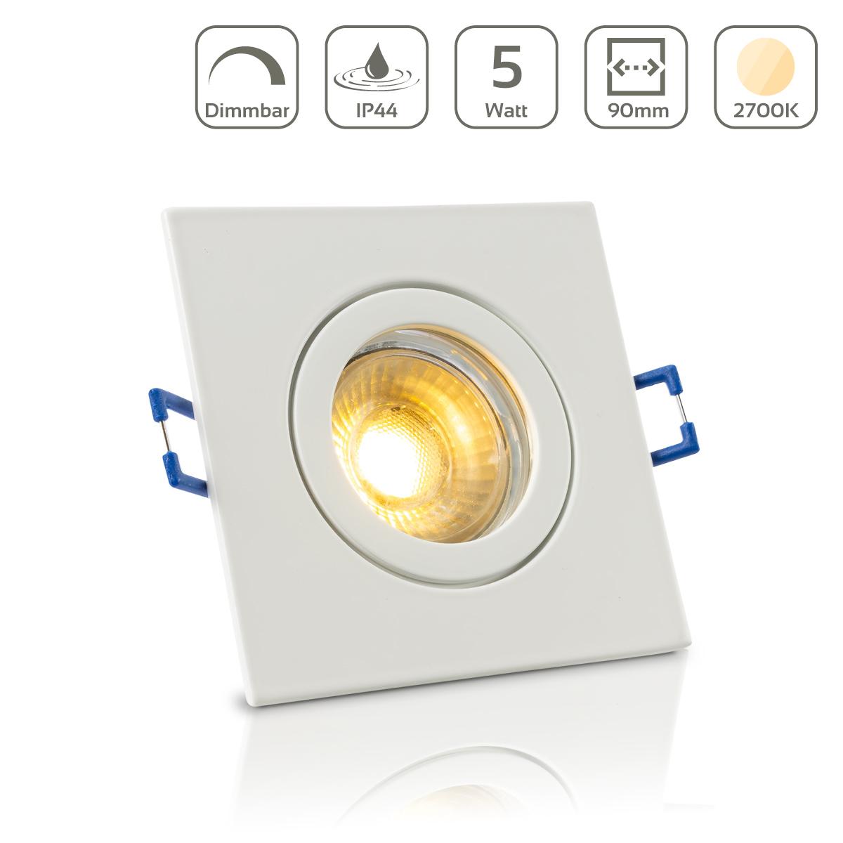 Einbauspot IP44 eckig - Farbe:  weiß - LED Leuchtmittel:  GU10 5W warmweiß dimmbar