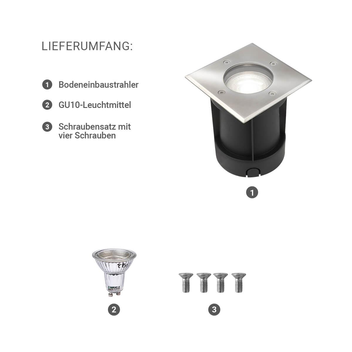 LED Bodeneinbaustrahler eckig Edelstahl 230V IP67 - Leuchtmittel: GU10 5W 4000K DIMMBAR - Anzahl: 1x