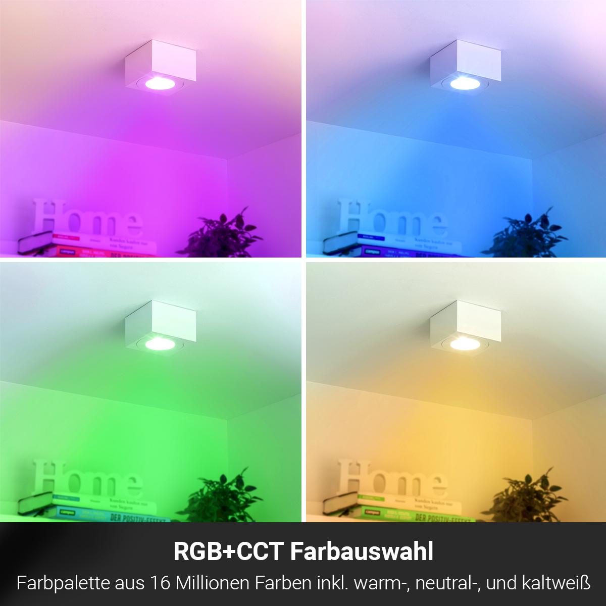 Flacher Aufbaustrahler eckig IP44 Deckenleuchte - Farbe: weiß - LED Leuchtmittel: 5W RGB+CCT 230V dimmbar 60°