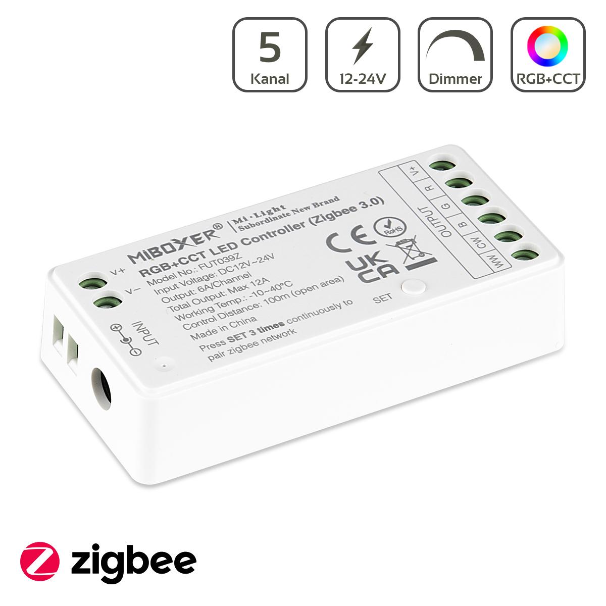 MiBoxer Zigbee 3.0 RGB+CCT LED Controller 5 Kanal 12/24V Multifunktion LED Strip Panel Steuerung FUT039Z