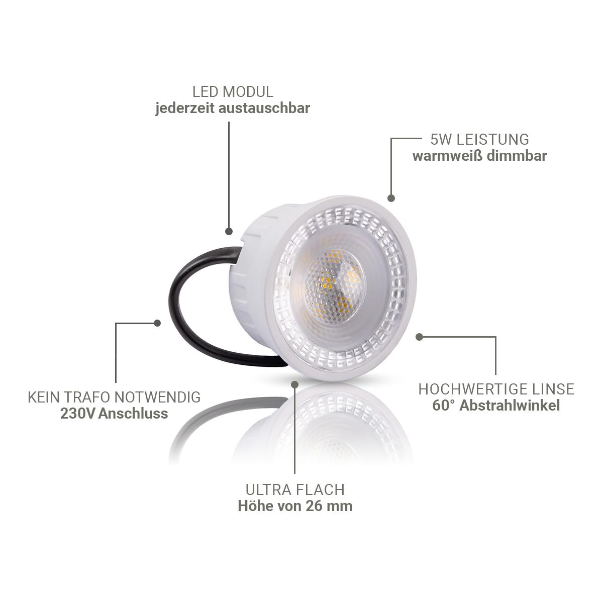 Flacher Aufbaustrahler rund IP44 Deckenleuchte - Farbe: weiß - LED Leuchtmittel: 5W Warmweiß 230V dimmbar 60°